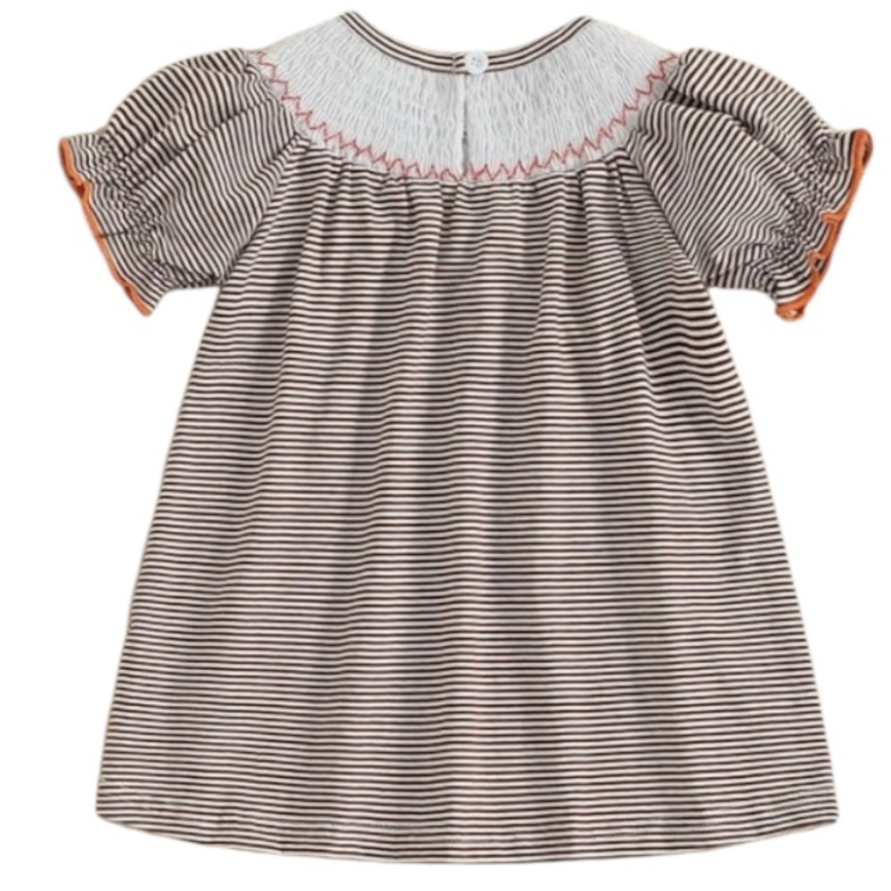 🦃$12 SALE Striped Dress Embroidered Turkeys Puffed Short Sleeves NEW - Picture 2 of 4